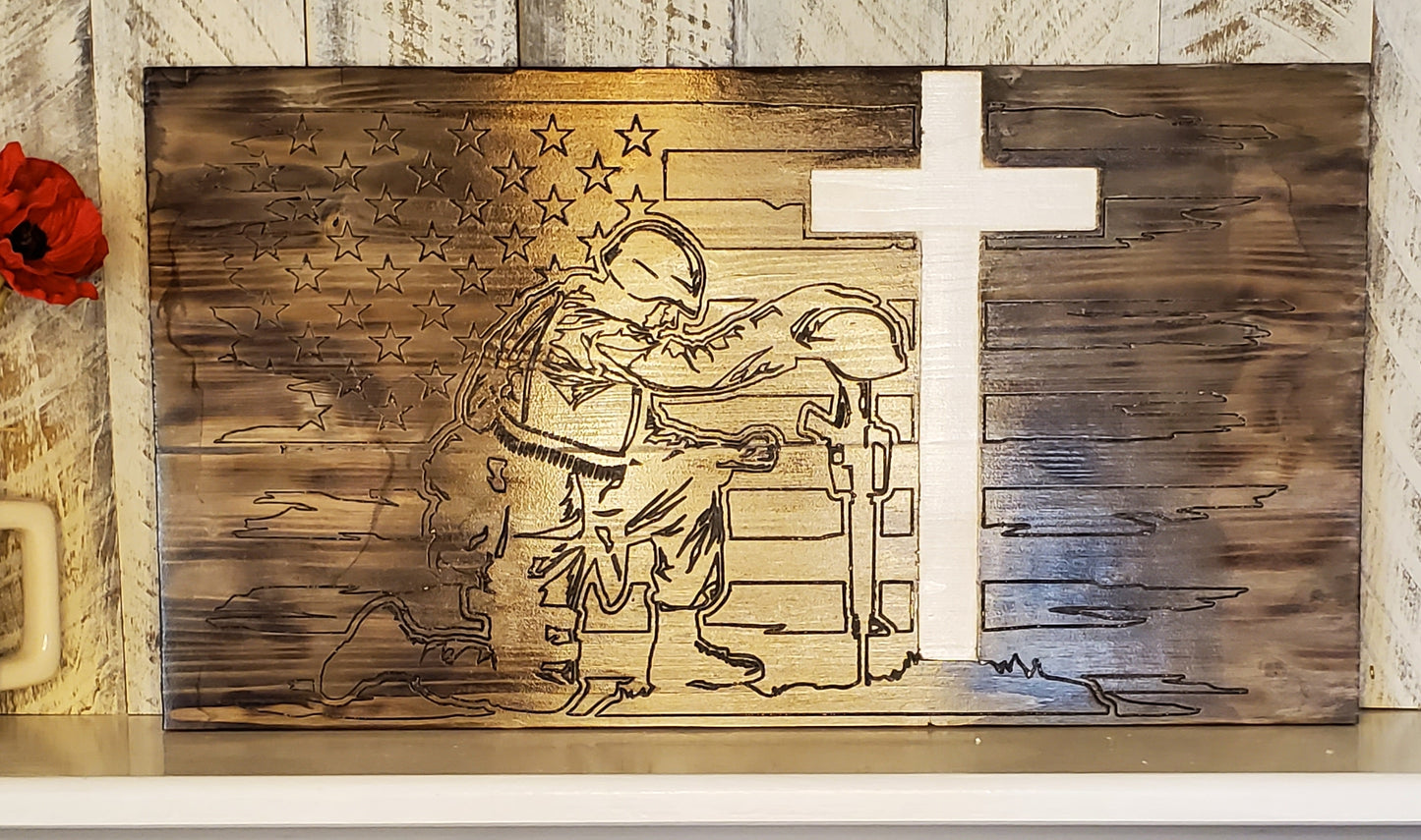 12x22 Kneeling at Cross Burned Pine finish